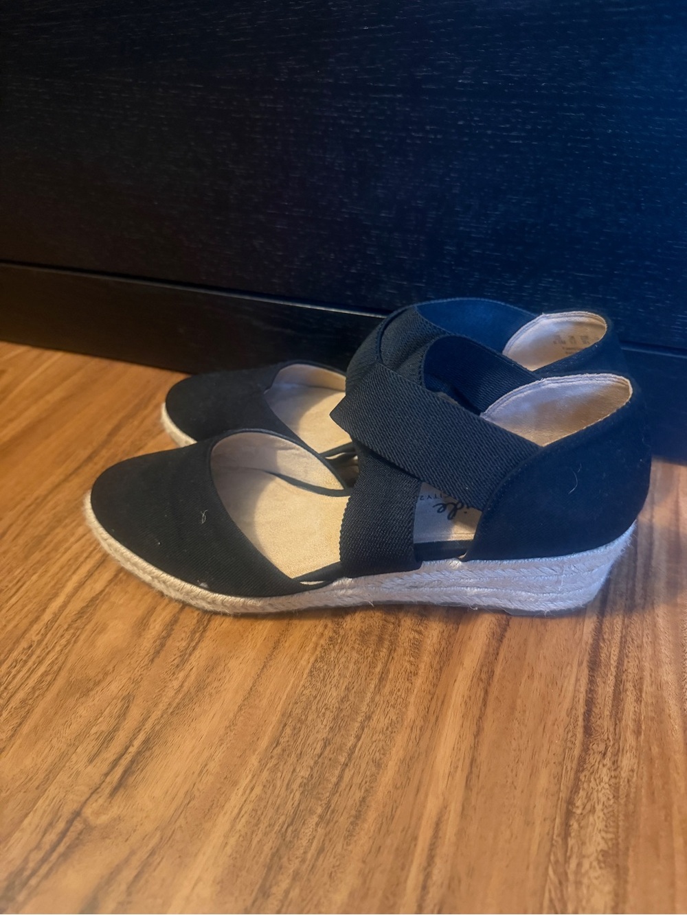 Life Stride Black Wedge Espadrille Sandals with Crisscross Elastic Straps